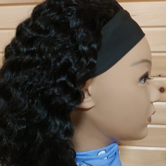 14" Real Human Hair Deep Wave Headband Wig, Black - Picture 2 of 7